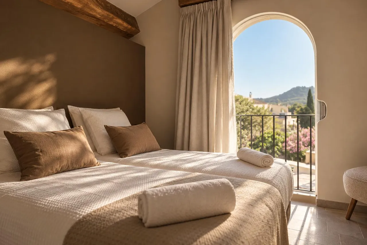 Chambre de la Villa Onyra avec fenêtre en arche et vue sur les collines