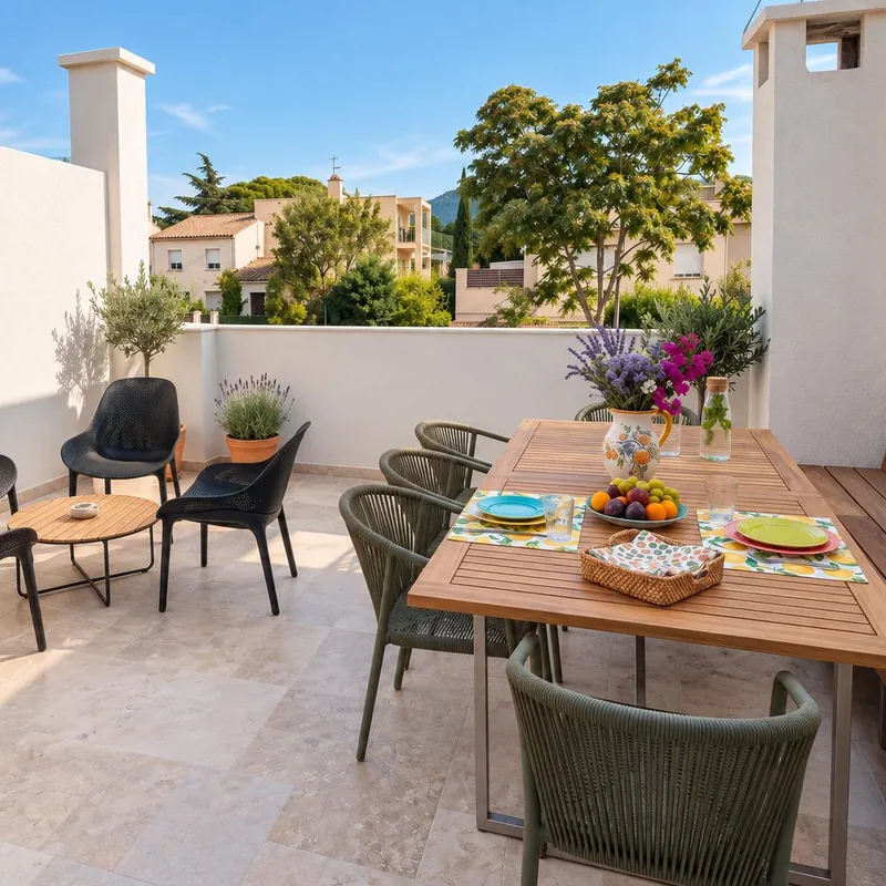 Grande terrasse sur le toit avec table dressée